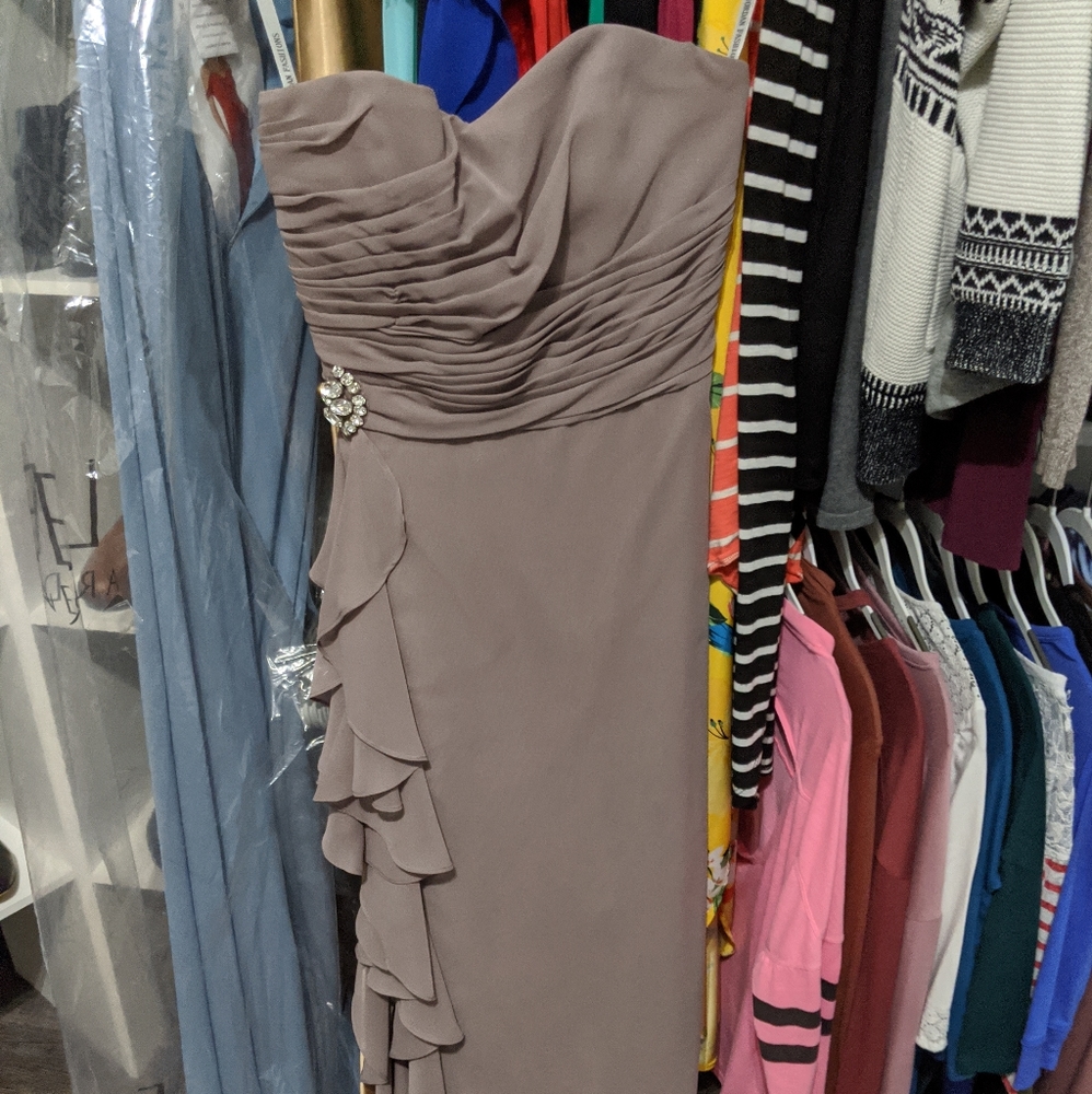 David's bridal long chiffon dress with ruffle side